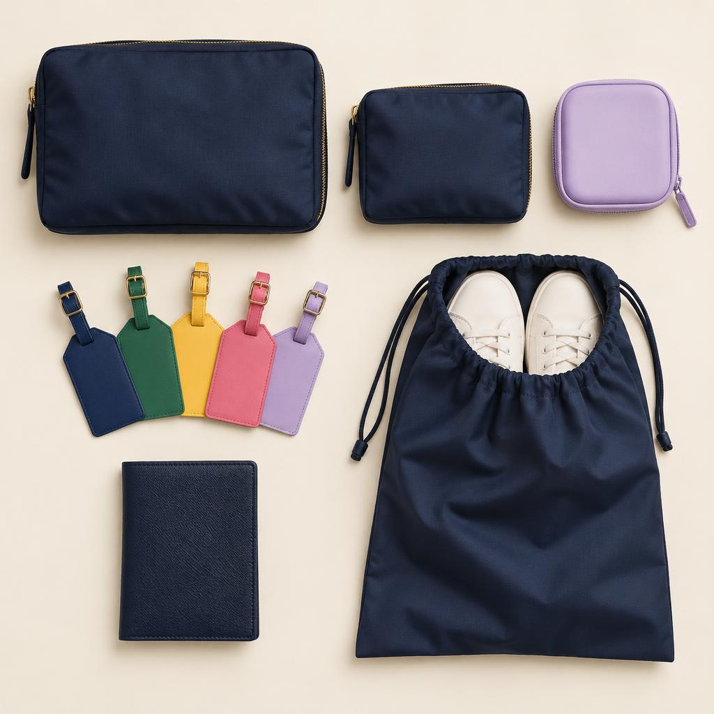 Pouches, luggage tags and shoe bag
